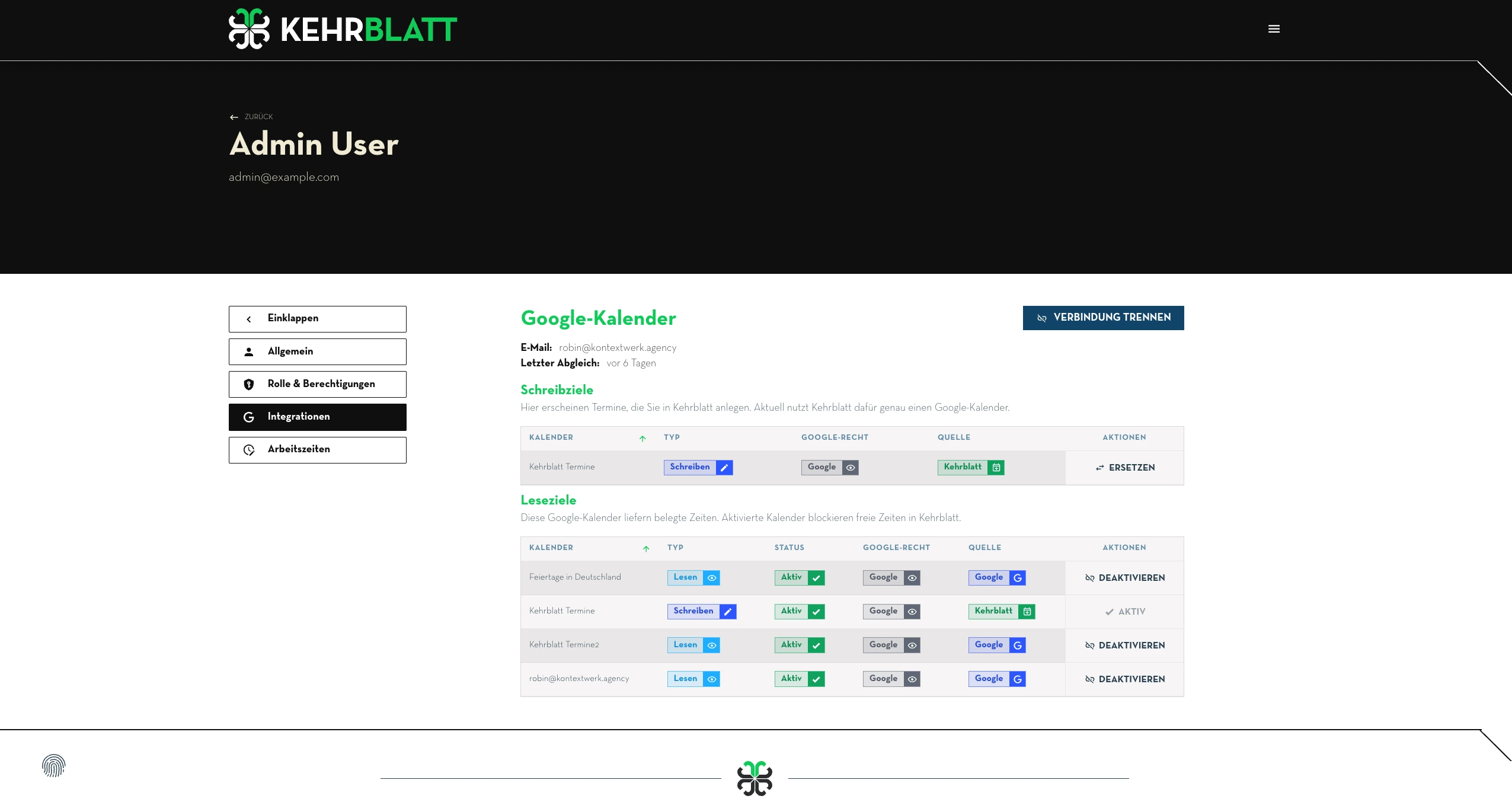 Google-Kalender-Übersicht mit Schreibziel, Lesezielen und Synchronisationsstatus