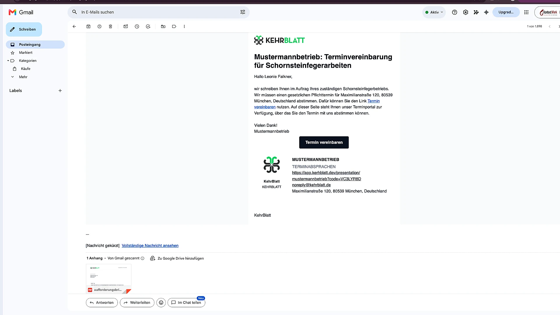 Beispiel einer Terminvereinbarung per E-Mail mit Terminlink