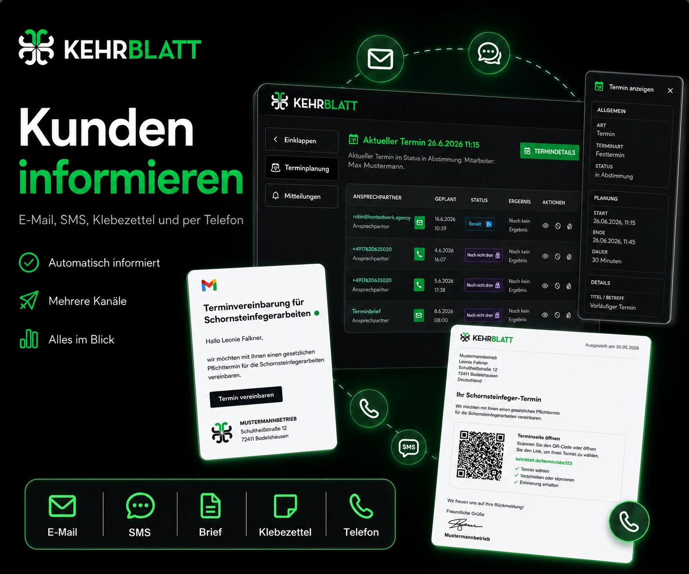 KehrBlatt Kundeninformation über E-Mail, SMS, Brief, QR-Code und Telefonassistenz
