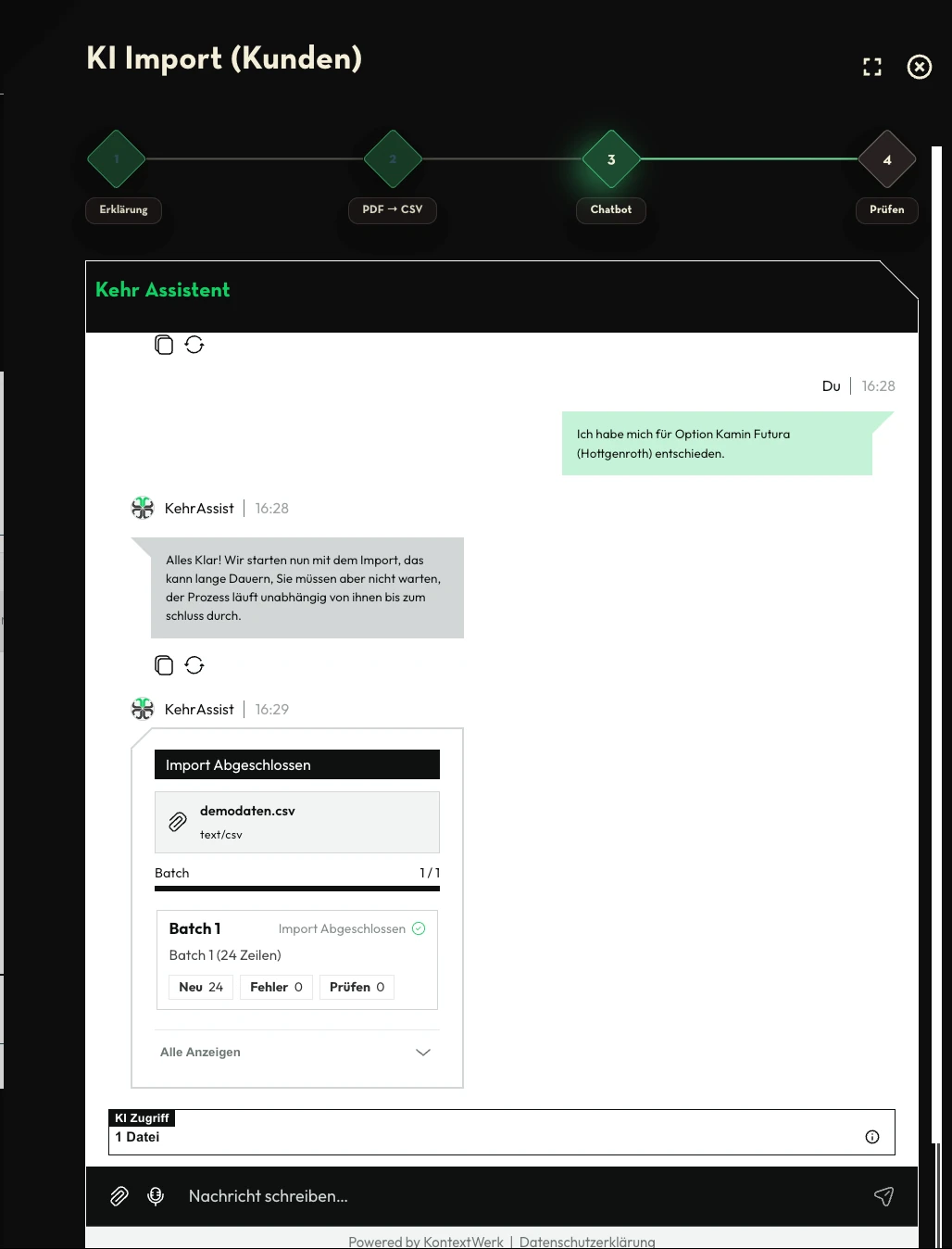 KI-Import abgeschlossen: Batch-Übersicht mit importierten Kunden