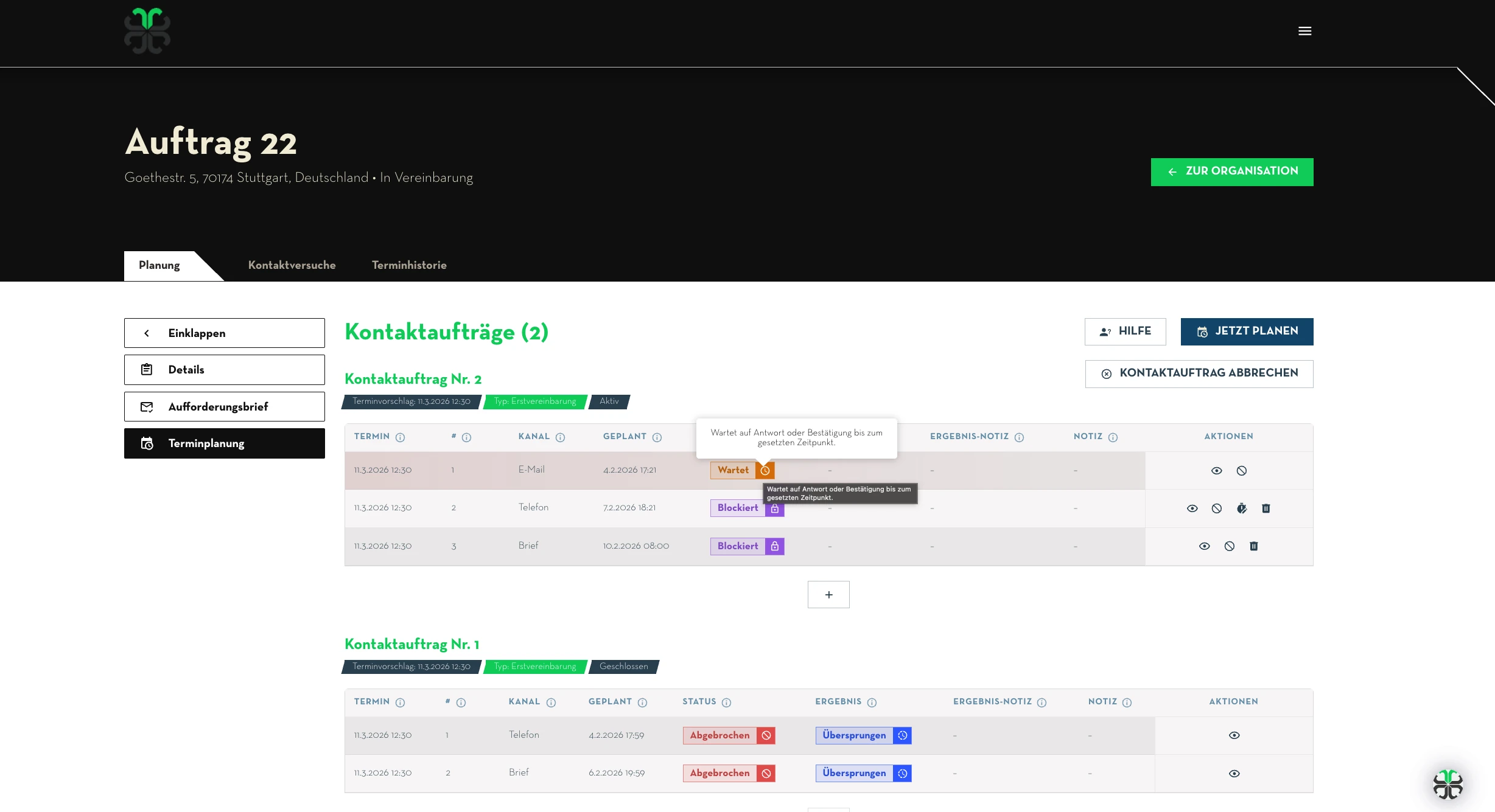 Kontaktaufträge: Mehrstufige Kontaktversuche mit Status, Kanal und Ergebnis