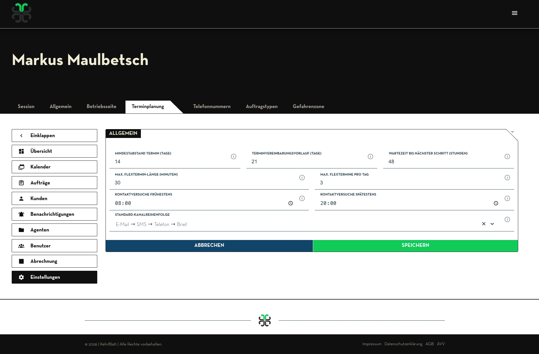 Terminplanung Einstellungen: Regeln für Kontaktversuche, Zeitfenster und Kanalreihenfolge