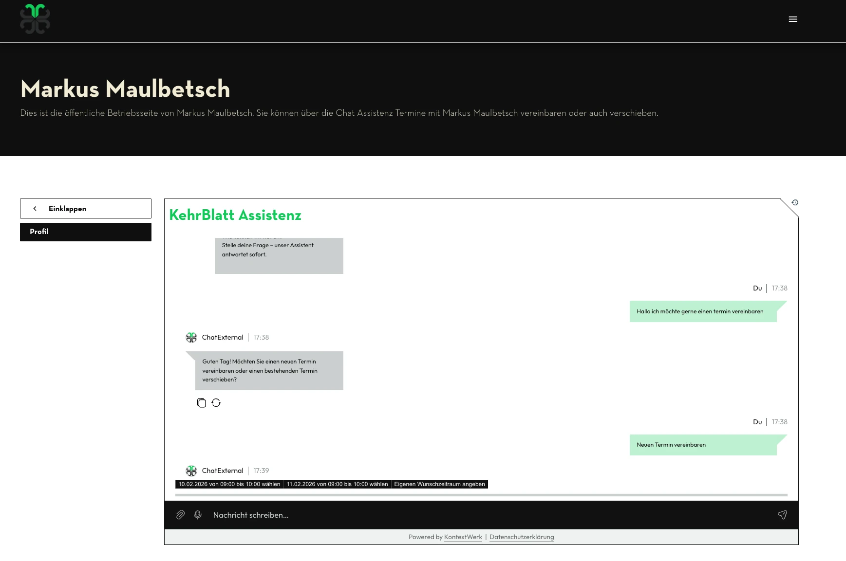 Öffentliche Betriebsseite: Kunden vereinbaren Termine direkt über den Chat-Assistenten