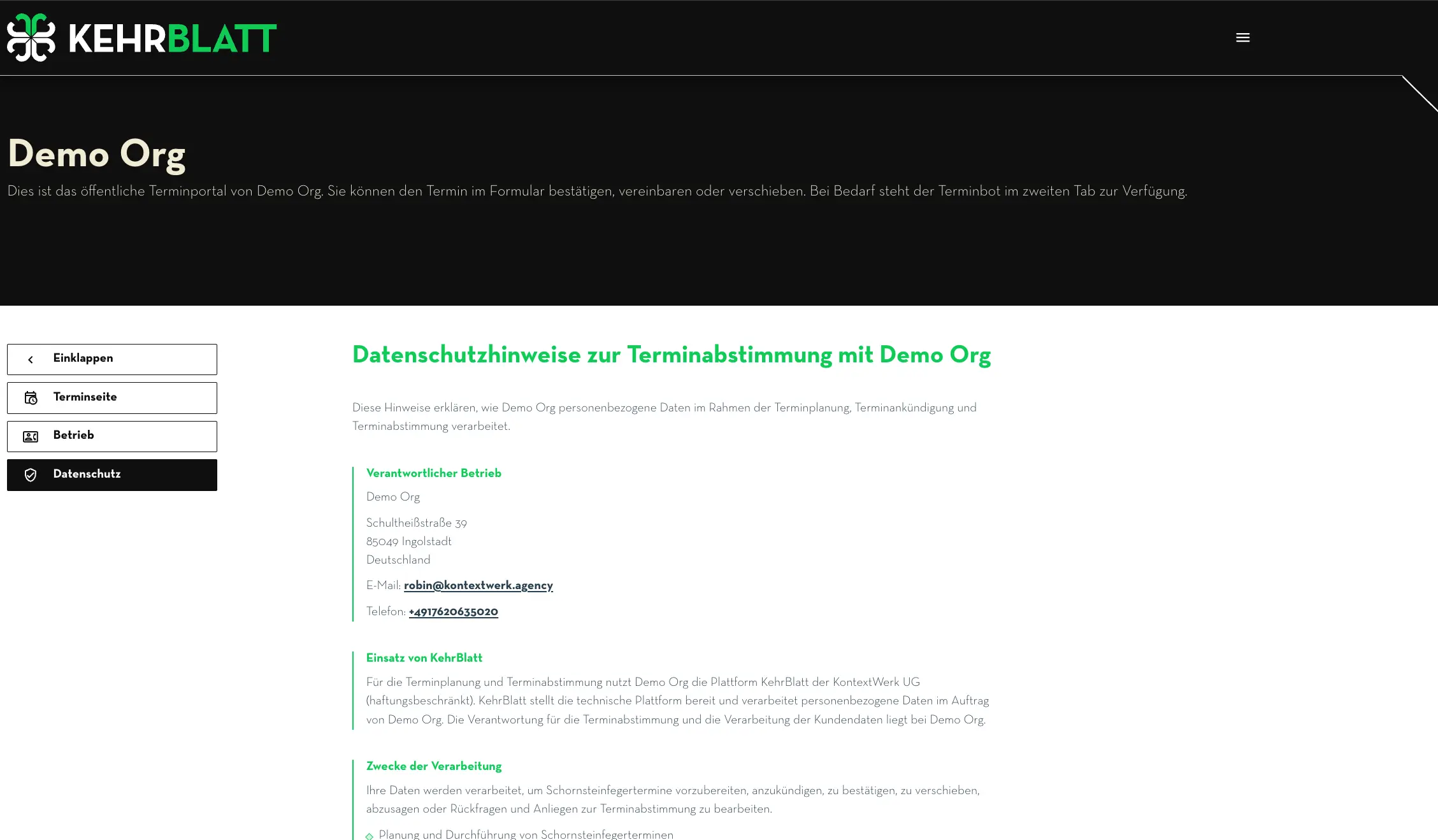 Betriebsinformationen im Terminportal mit Kontakt- und Öffnungszeiten