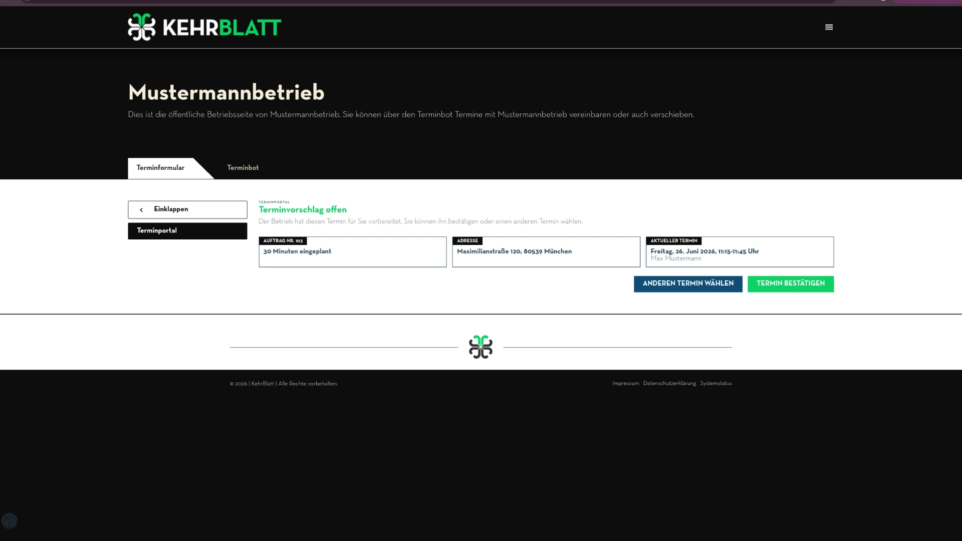 Terminportal Übersicht mit Terminvorschlag, Adresse und aktuellem Termin