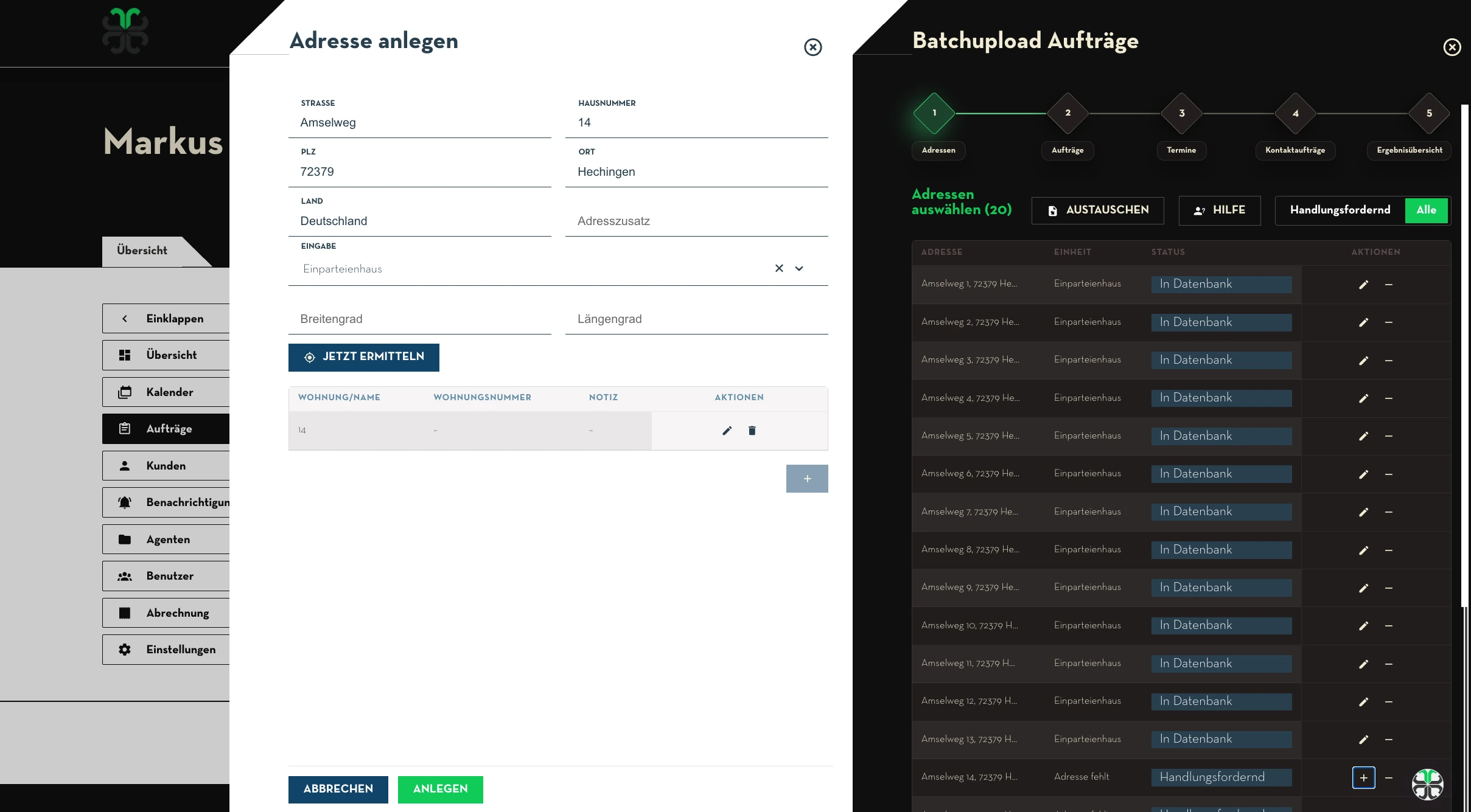Adresse anlegen: Formular zur manuellen Erfassung einer neuen Adresse mit Einheiten