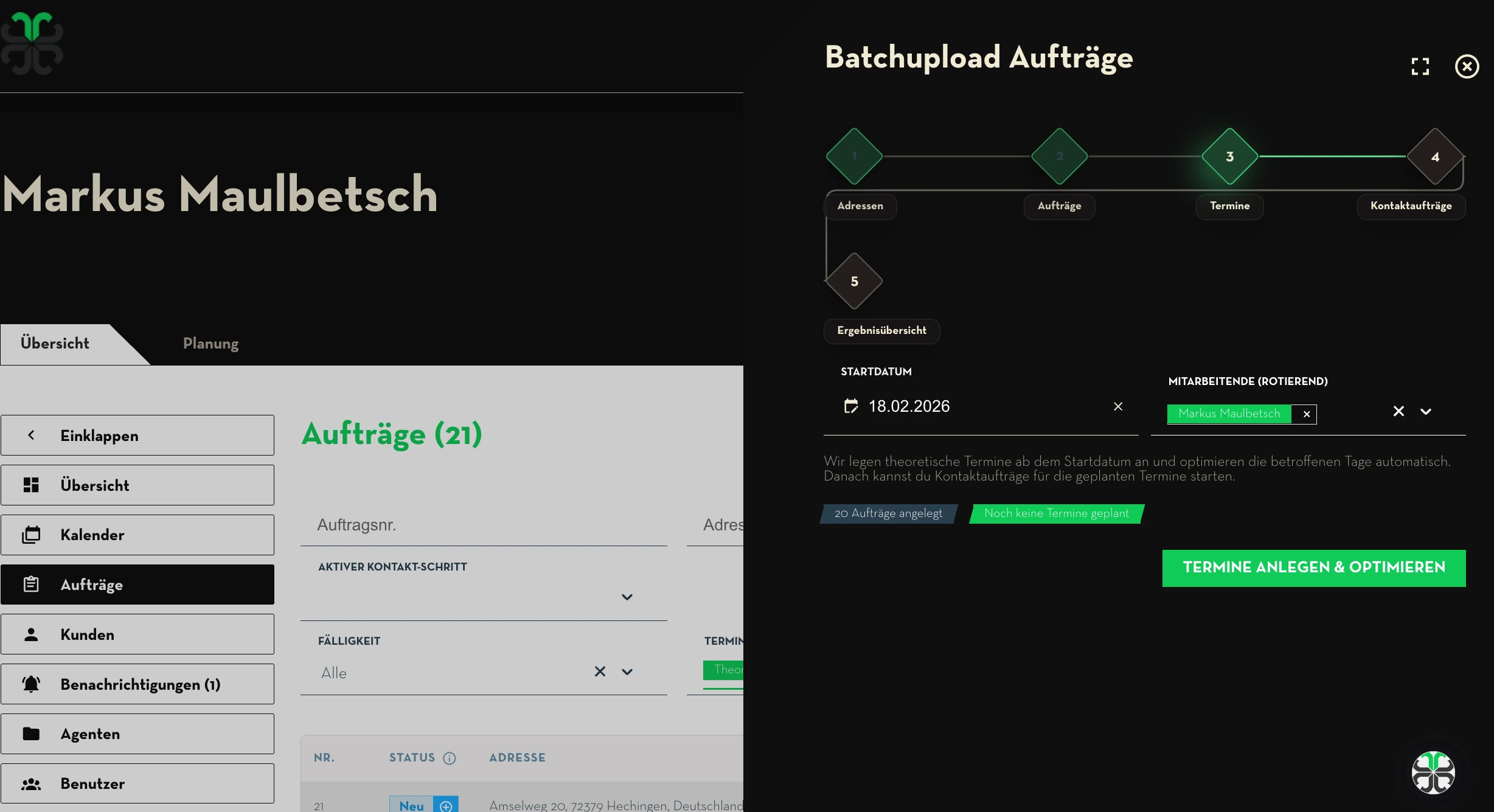 Batchupload Aufträge: Schritt 2 – Auftragstyp, Frist und Mitarbeiter festlegen