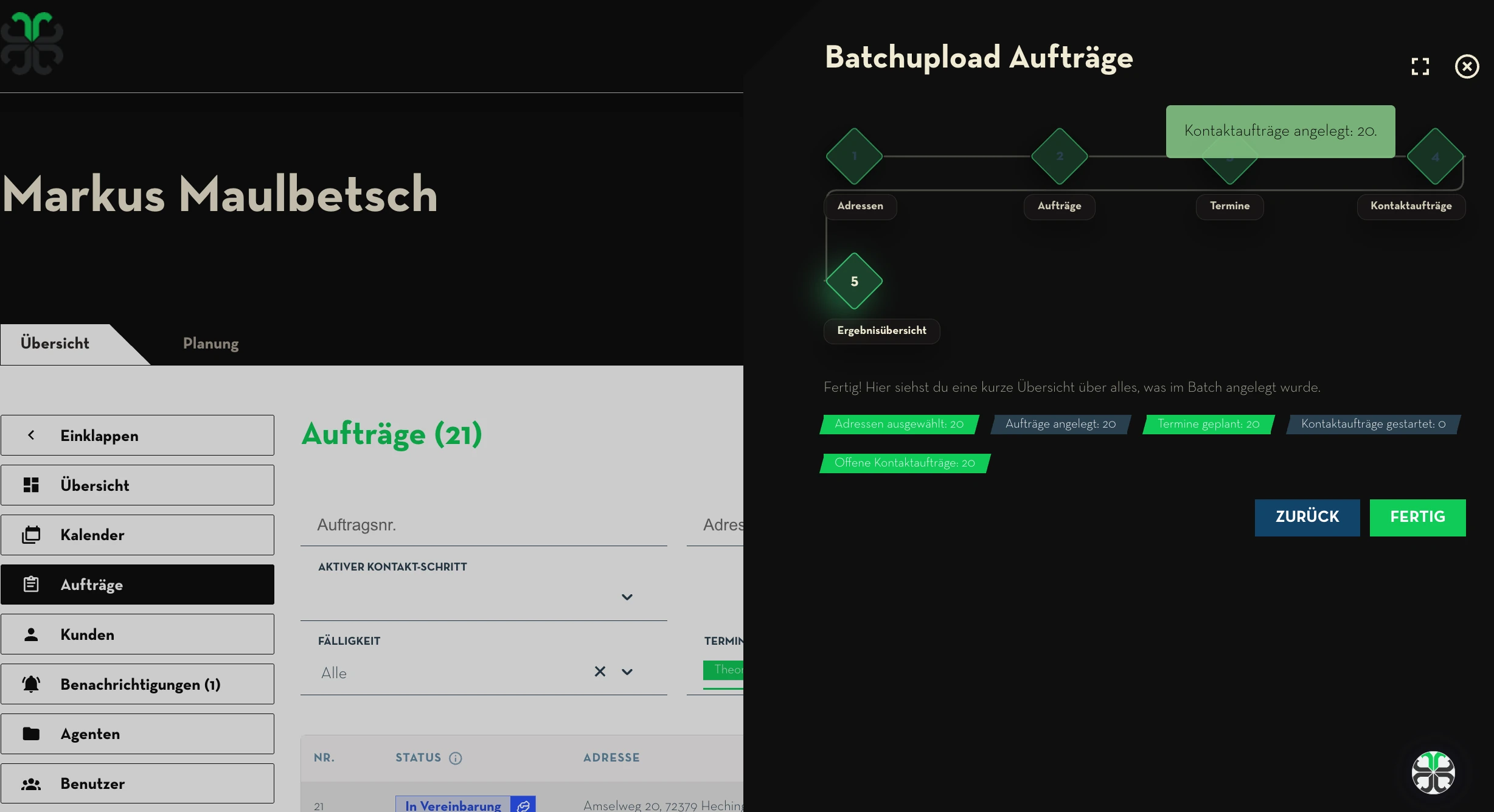 Batchupload Aufträge: Schritt 4 – Kontaktaufträge für geplante Termine anlegen