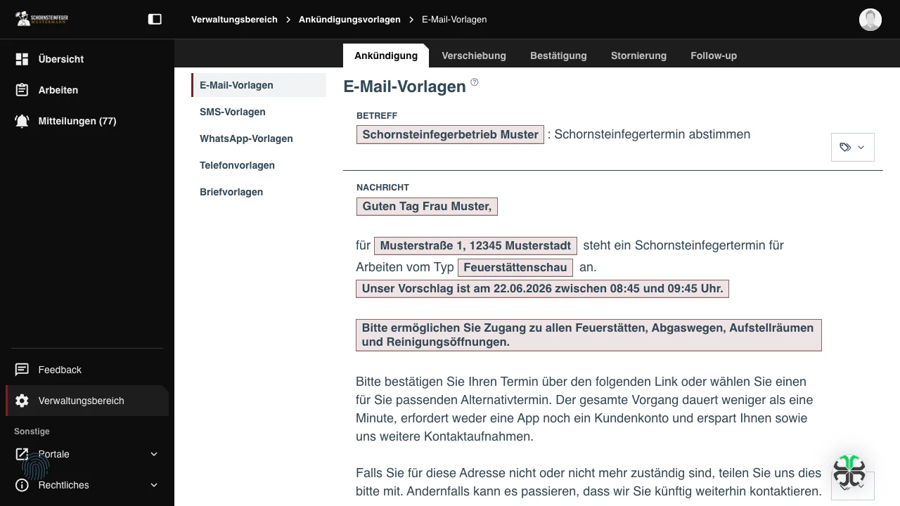 Organisationseinstellungen für E-Mail-, SMS-, WhatsApp- und Telefonvorlagen