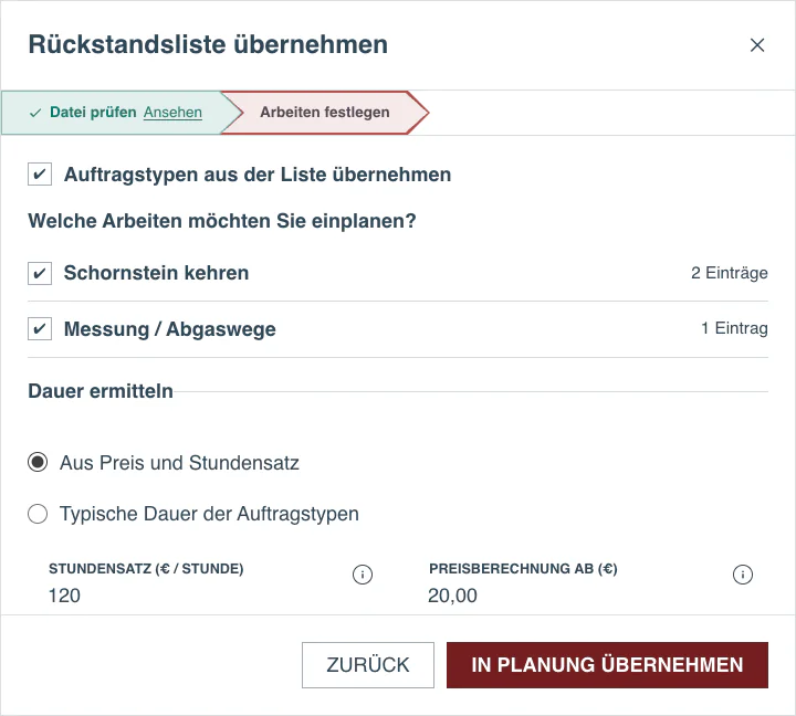 Kamin-Futura-Beispiel: erkannte Arbeiten auswählen und Dauer aus Preis und Stundensatz ermitteln