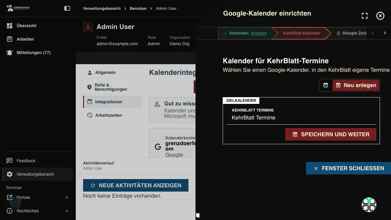 Google-Kalender auswählen oder neu anlegen, in dem KehrBlatt-Termine erscheinen
