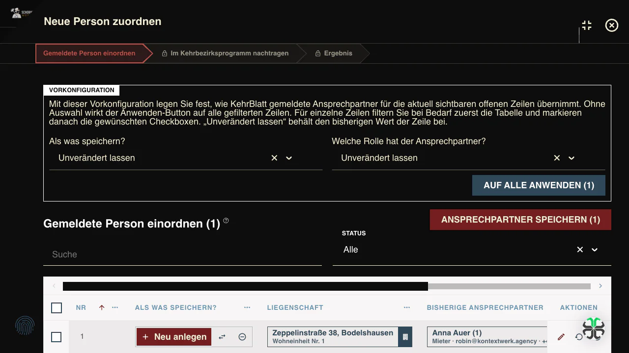 Workflow zum Einordnen und Zuordnen neu gemeldeter Ansprechpartner